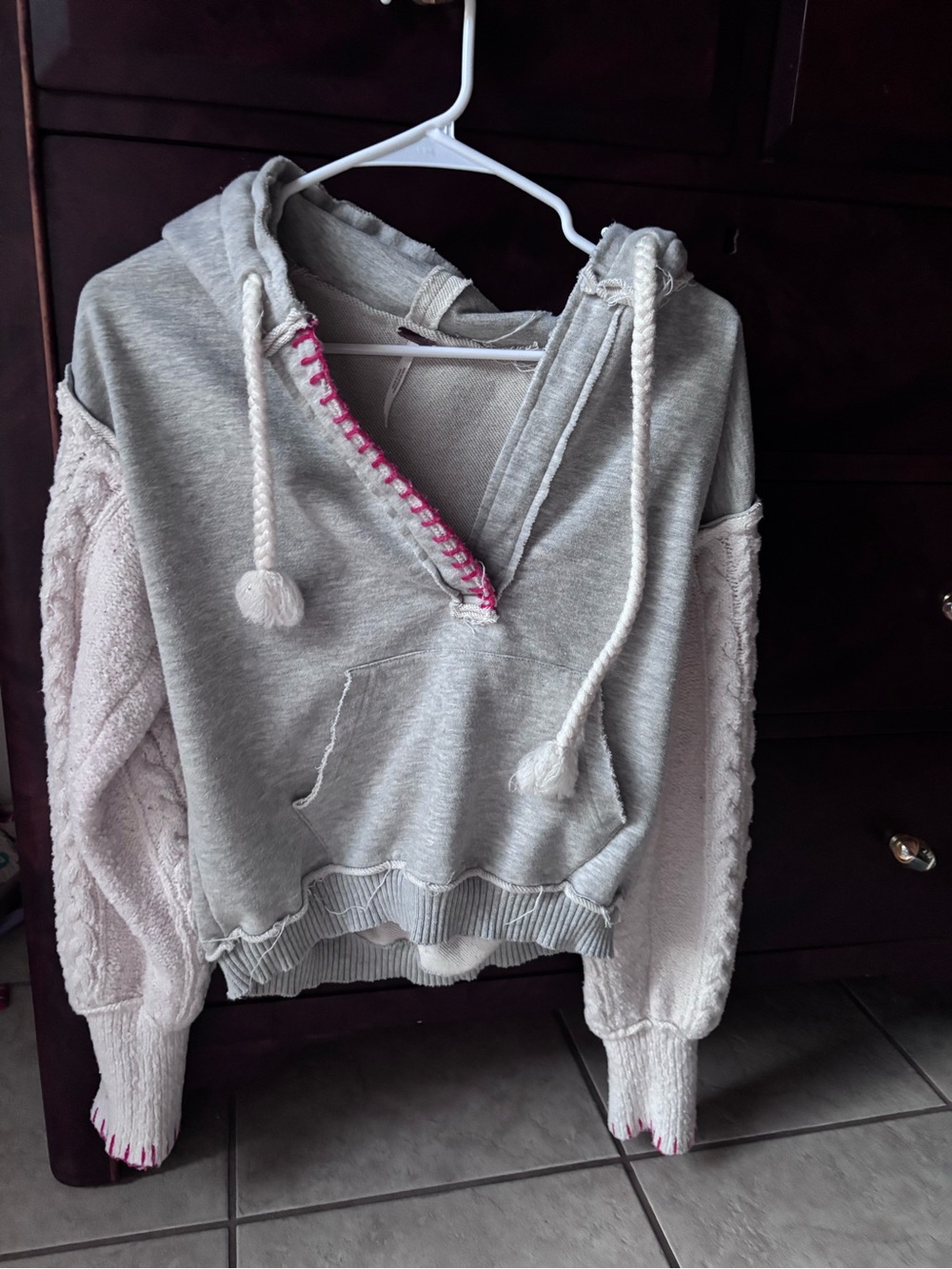 Free People Cozy Light Gray Hoodie with Cream Cable-Knit Sleeves